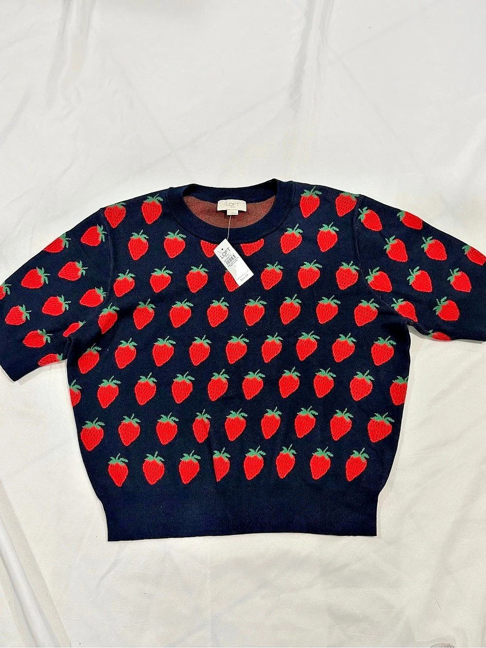 LOFT Strawberry Print Crewneck Sweater in Blue Size L NWT